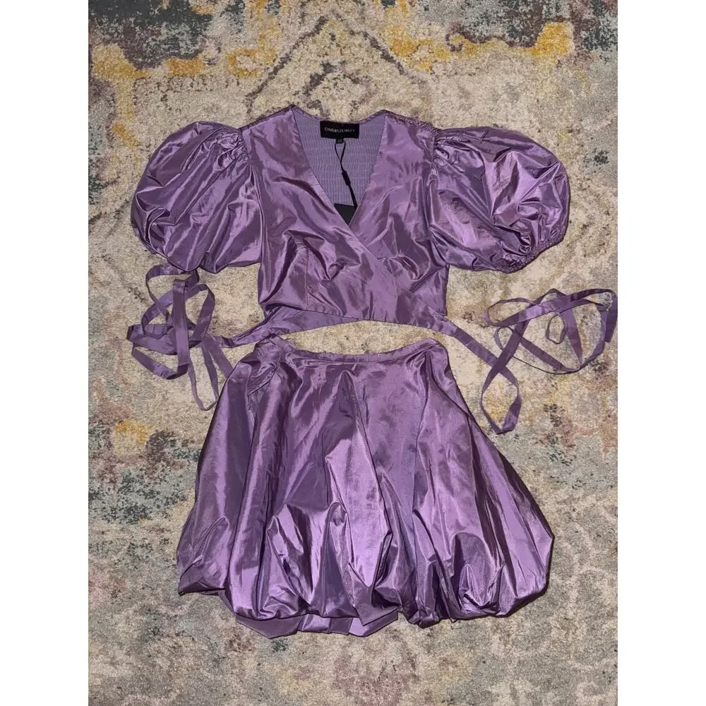 Cynthia Rowley Luna Taffeta Smocked Wrap Tie Top & Bubble Skirt in Purple